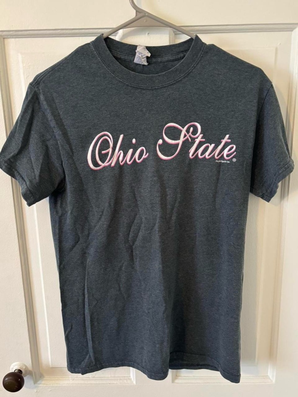 Gildan Charcoal Crewneck T-Shirt with Pink Logo Accent